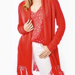 Lilly Pulitzer Tatum Fringe Cardigan in Ruby Red Metallic, XL, EUC